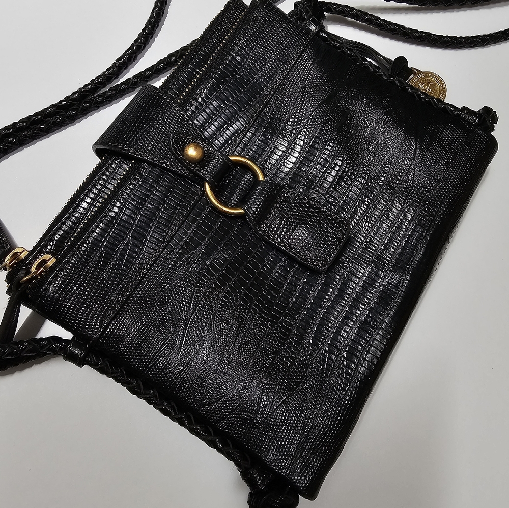Brahmin Vintage Style Mojito Reptile Print Black Leather Organizer Crossbody - Picture 2 of 16